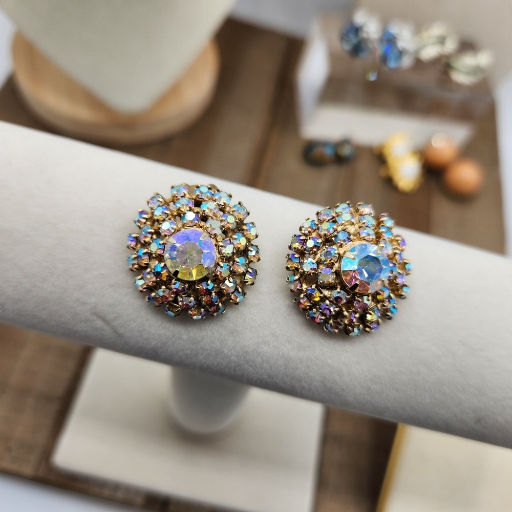 Stunning Vintage Multicolor AB Stone Crystal Clip-On Earrings • Glamour